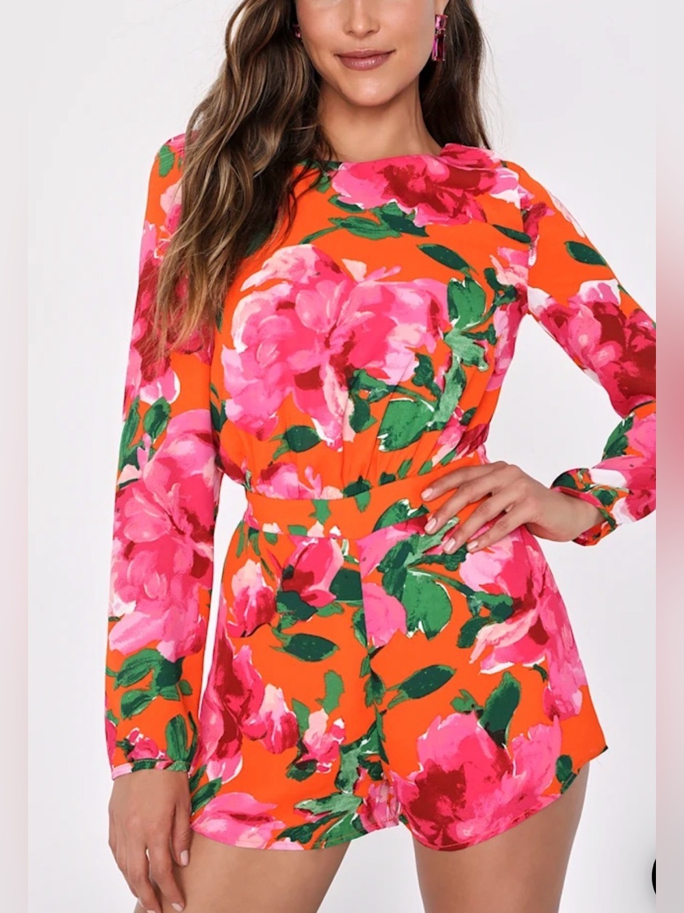 Lulus - Sweetest Song Orange Floral Backless Long Sleeve Romper Size Small